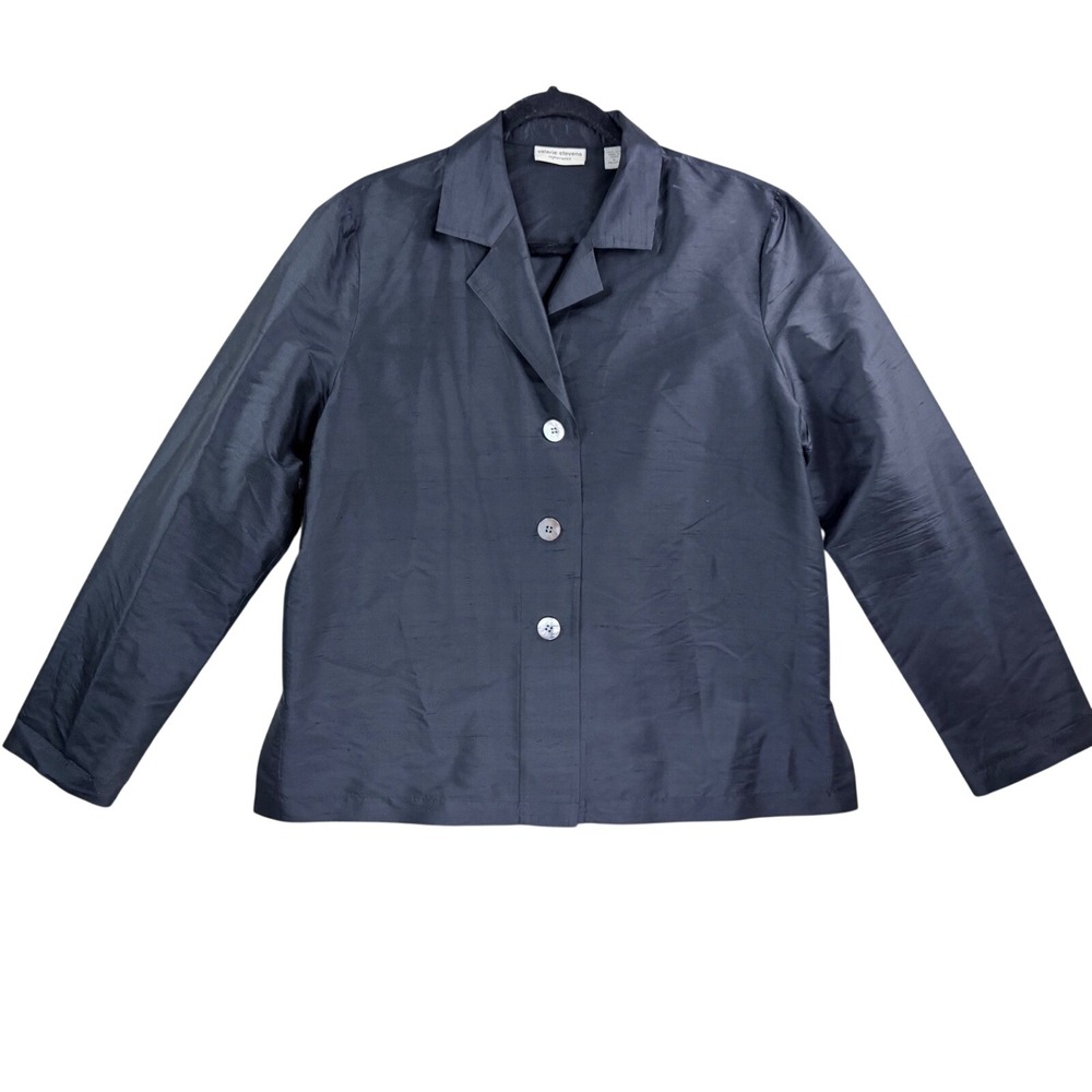 Valerie Stevens Blazer Women L Navy Blue Excellent 100% Silk Button Front Jacket